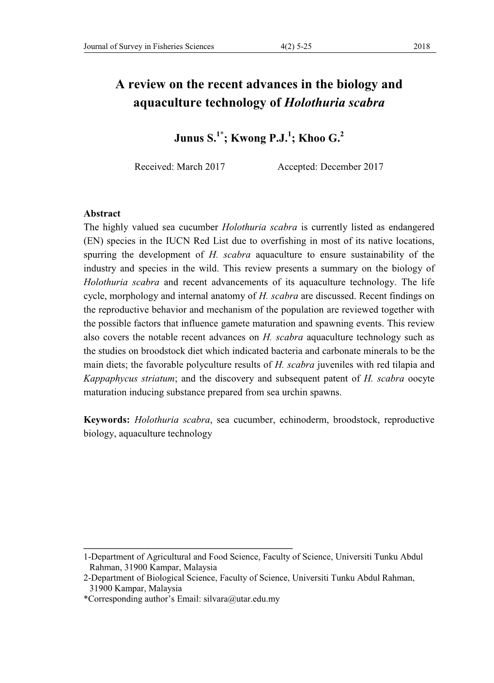 A Review on the Recent Advances in the Biology and Aquaculture Technology of Holothuria Scabra