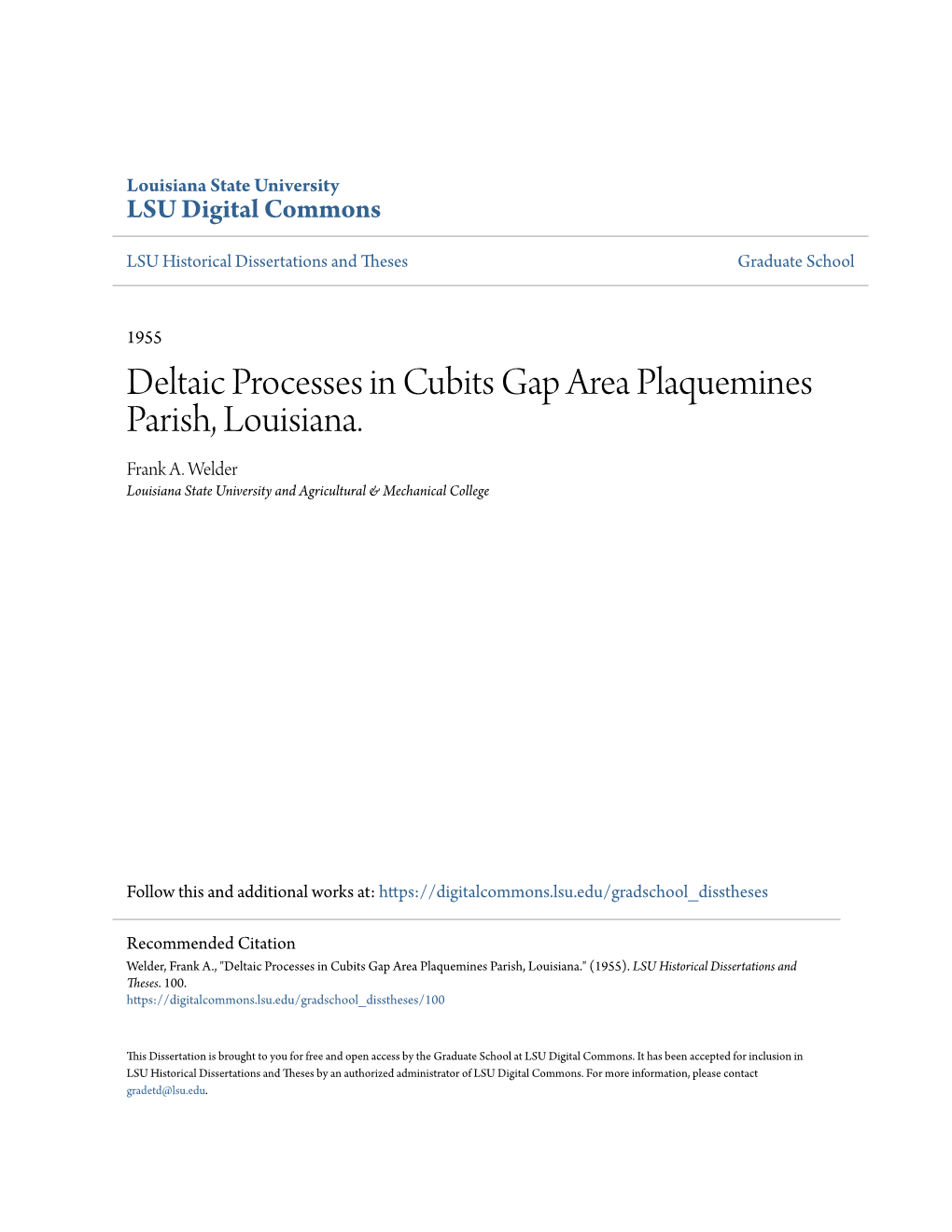 Deltaic Processes in Cubits Gap Area Plaquemines Parish, Louisiana. Frank A