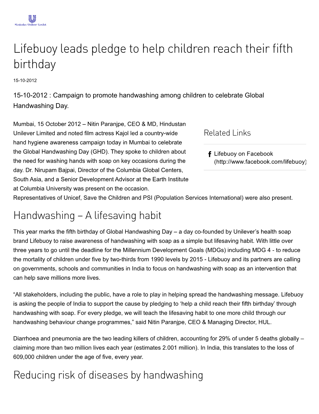 Lifebuoy Leads Pledge to Help Children Reach Their Fifth Birthday