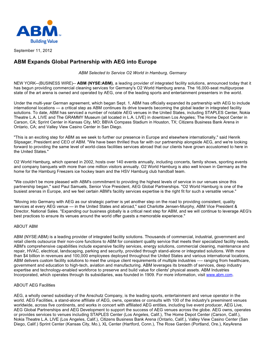 ABM Expands Global Partnership with AEG Into Europe