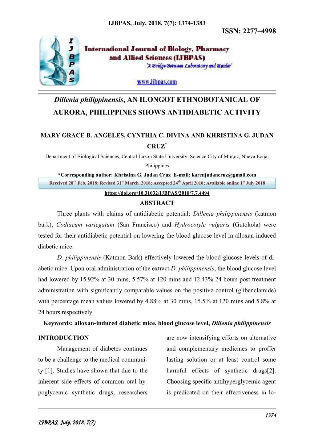 ISSN: 2277–4998 Dillenia Philippinensis, an ILONGOT ETHNOBOTANICAL of AURORA, PHILIPPINES SHOWS ANTIDIABETIC ACTIVITY