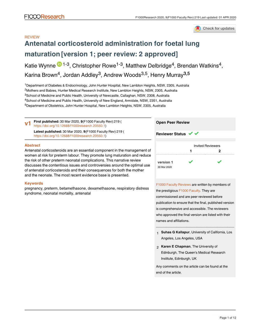 Antenatal Corticosteroid Administration for Foetal Lung Maturation[Version 1