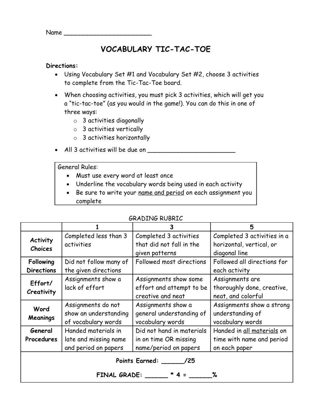 Vocabulary Tic-Tac-Toe