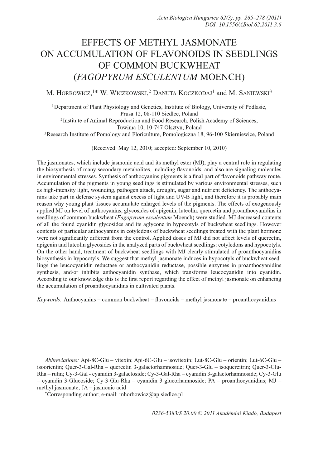 Effects of Methyl Jasmonate on Accumulation of Flavonoids in Seedlings of Common Buckwheat (Fagopyrum Esculentum Moench)