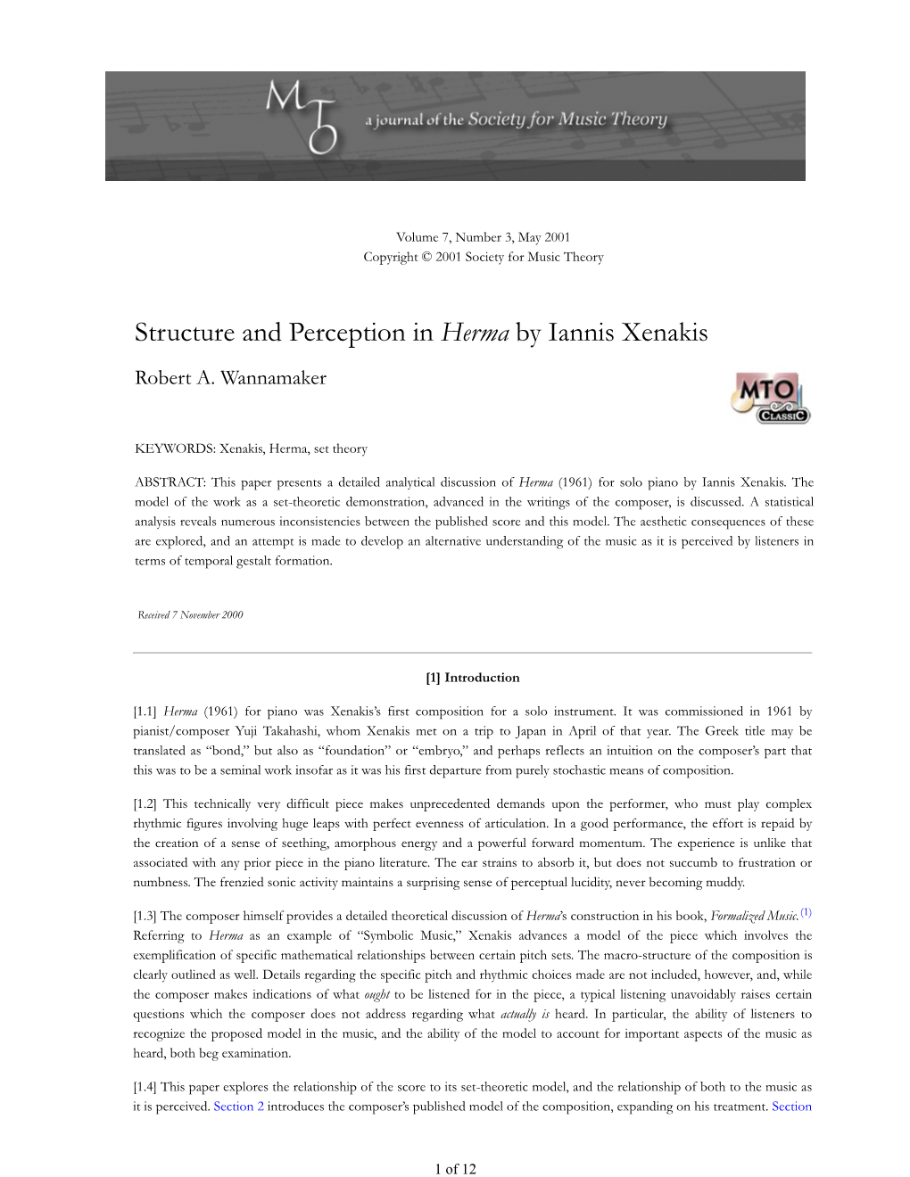 MTO 7.3: Wannamaker, Structure and Perception in Herma by Iannis