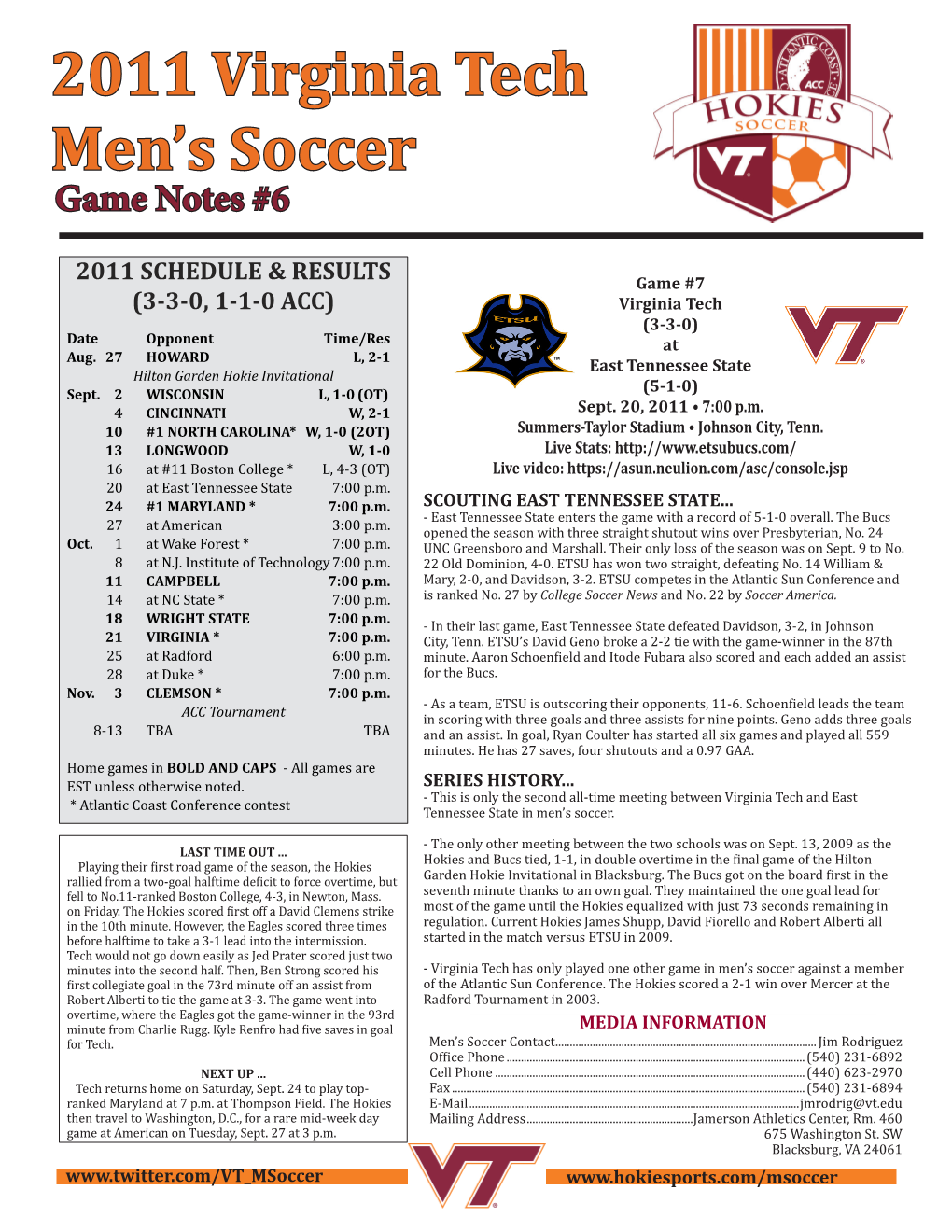 2011 Virginia Tech Men's Soccer Virginia Tech Combined Team Statistics (As of Sep 16, 2011) All Games