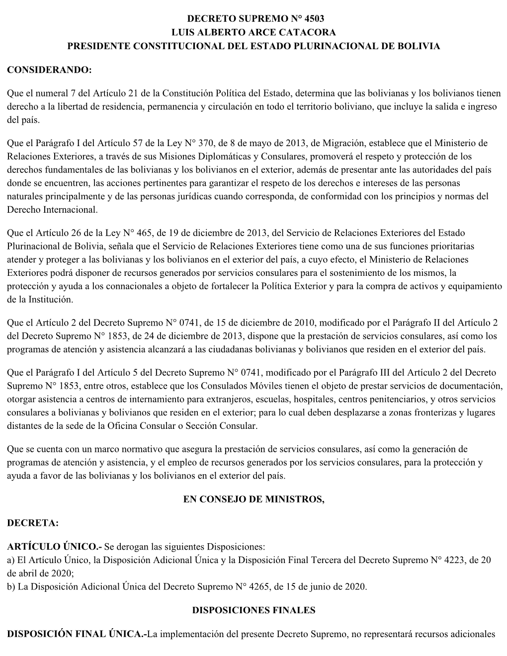 Decreto Supremo N° 4503 Luis Alberto Arce Catacora Presidente Constitucional Del Estado Plurinacional De Bolivia