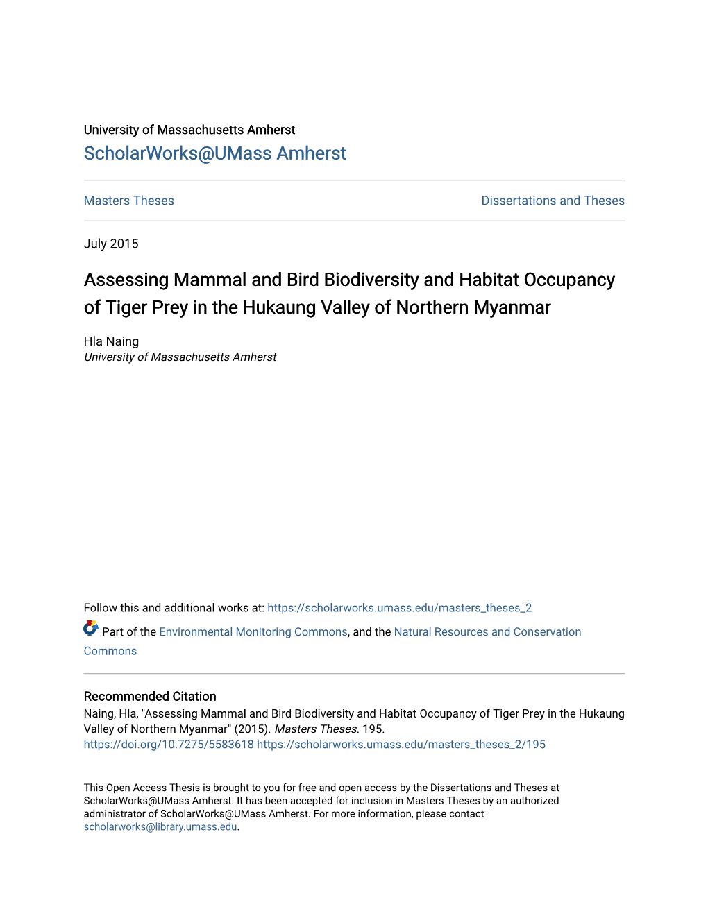 Assessing Mammal and Bird Biodiversity and Habitat Occupancy of Tiger Prey in the Hukaung Valley of Northern Myanmar