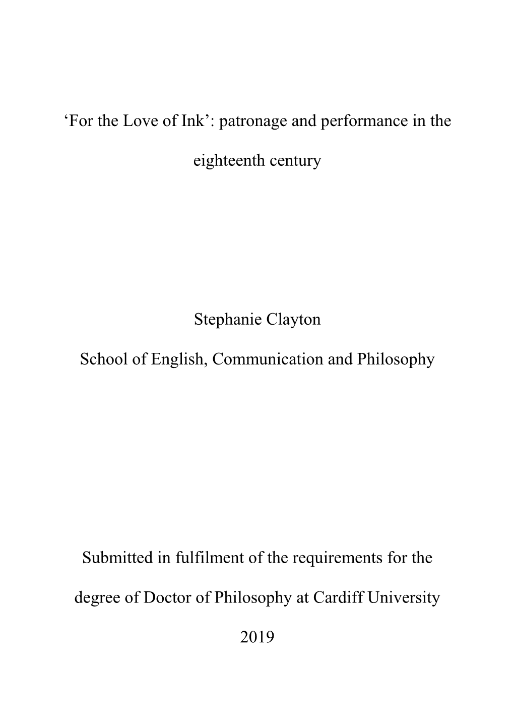Patronage and Performance in the Eighteenth Century Stephanie