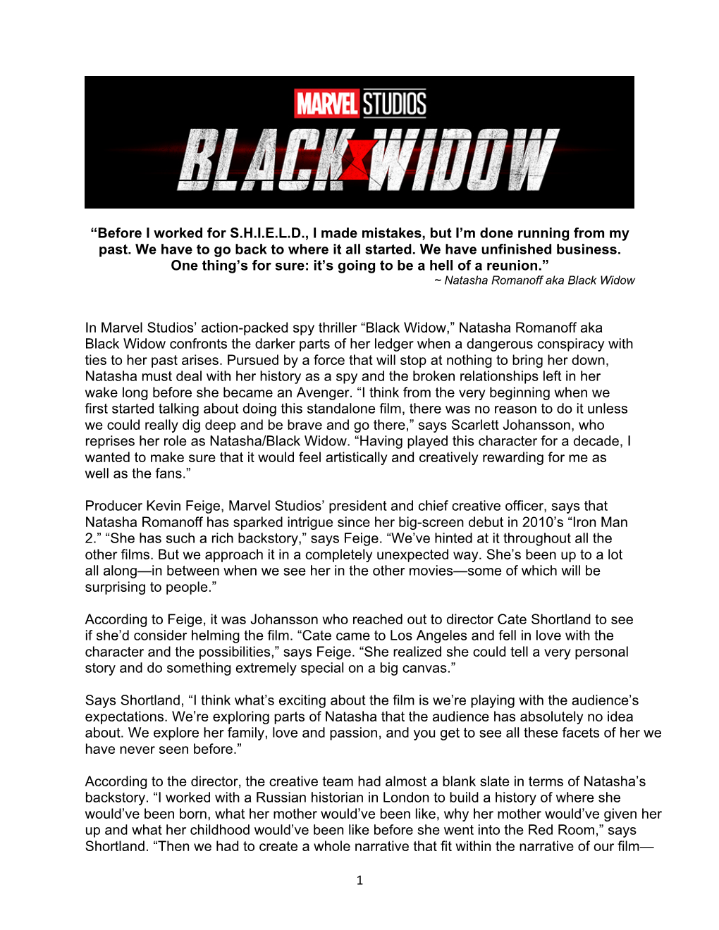 Black Widow Production Notes