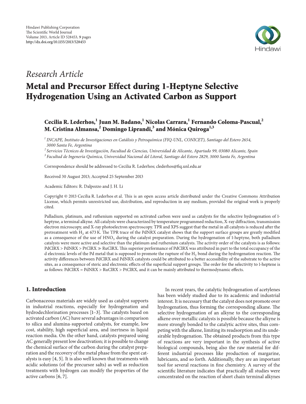 Research Article Metal and Precursor Effect During 1-Heptyne Selective Hydrogenation Using an Activated Carbon As Support