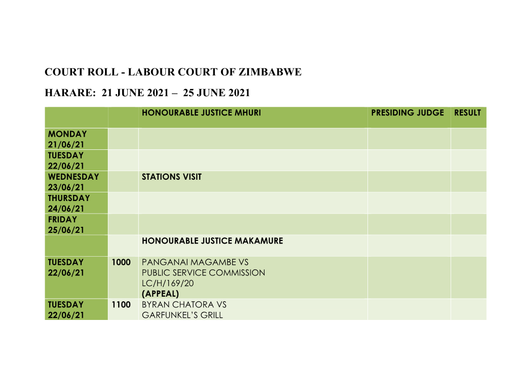 Labour Court of Zimbabwe Harare: 21 June 2021 – 25 June 2021