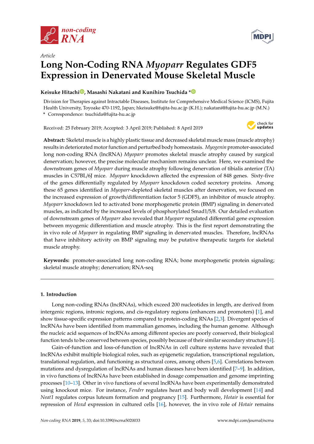 Long Non-Coding RNA Myoparr Regulates GDF5 Expression in Denervated Mouse Skeletal Muscle