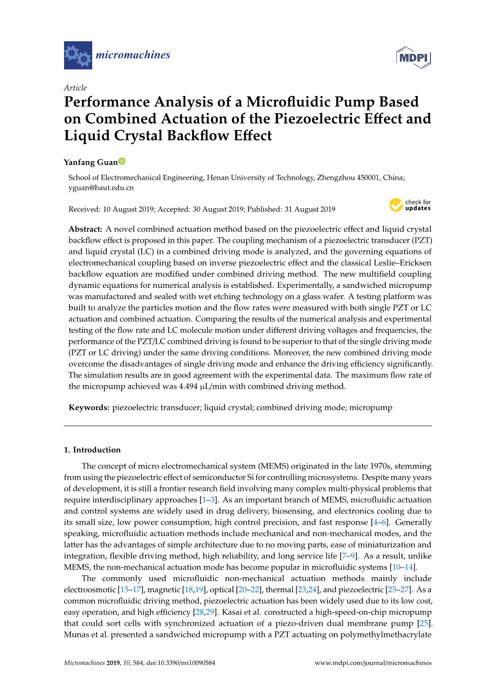 Performance Analysis of a Microfluidic Pump Based on Combined