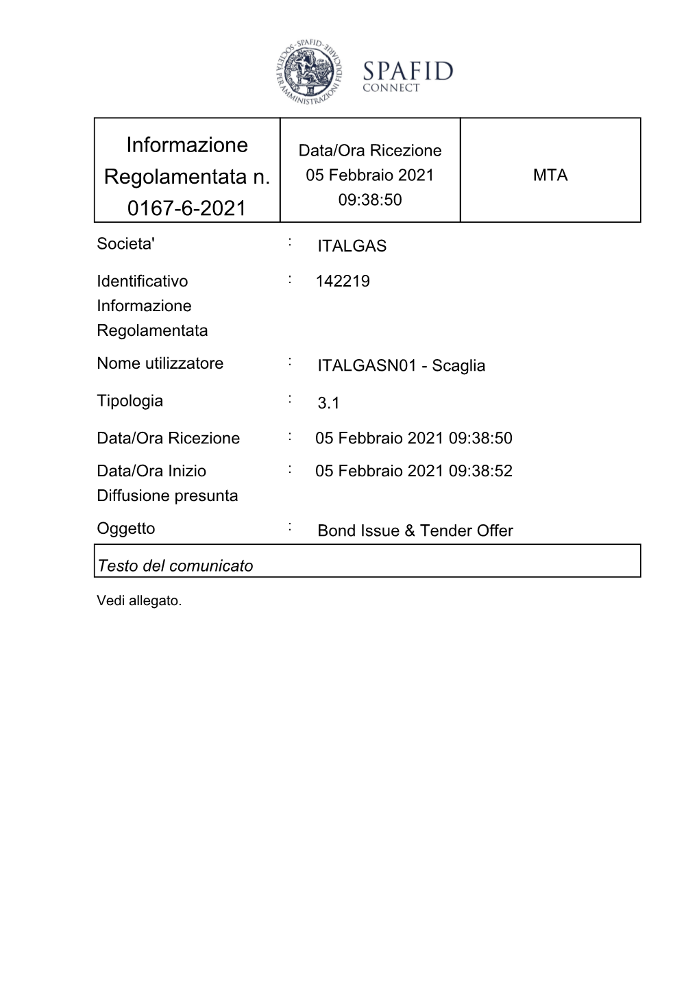 Informazione Regolamentata N. 0167-6-2021