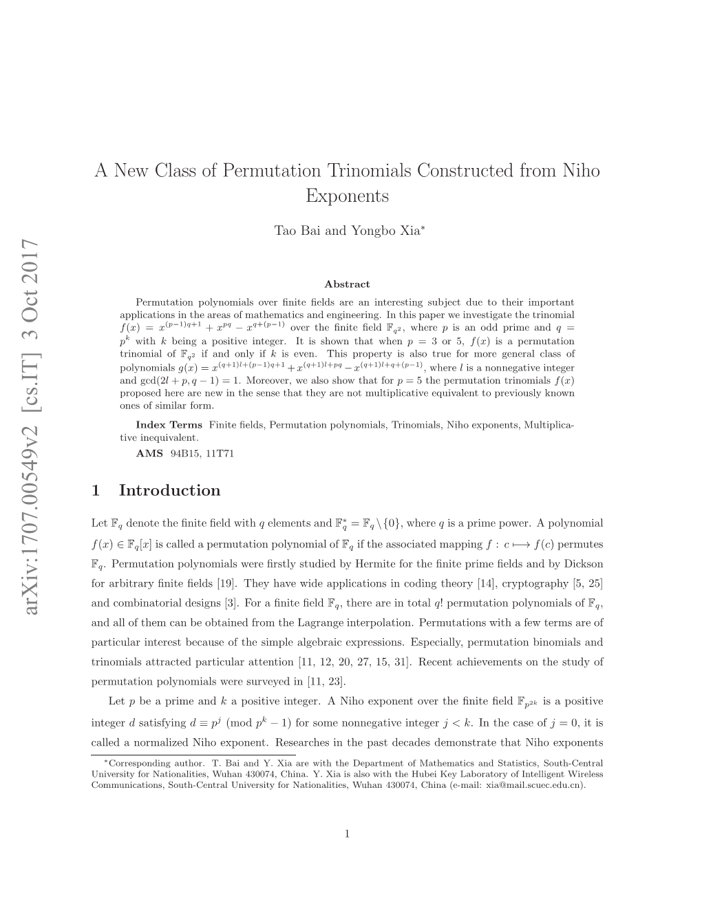 A New Class of Permutation Trinomials Constructed from Niho