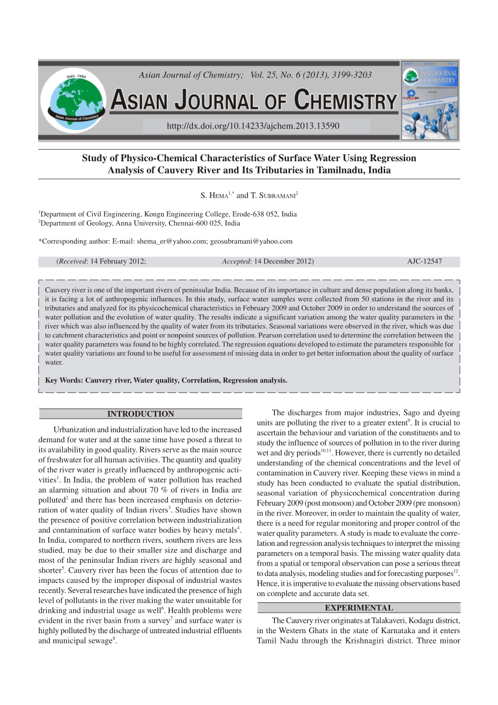 Study of Physico-Chemical Characteristics of Surface Water Using Regression Analysis of Cauvery River and Its Tributaries in Tamilnadu, India