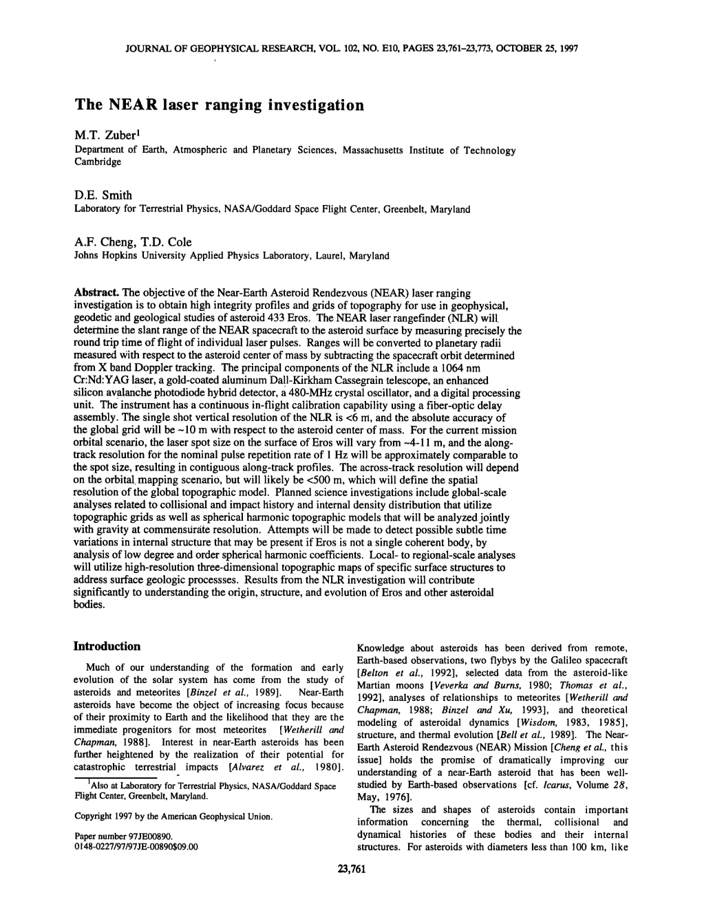 The NEAR Laser Ranging Investigation