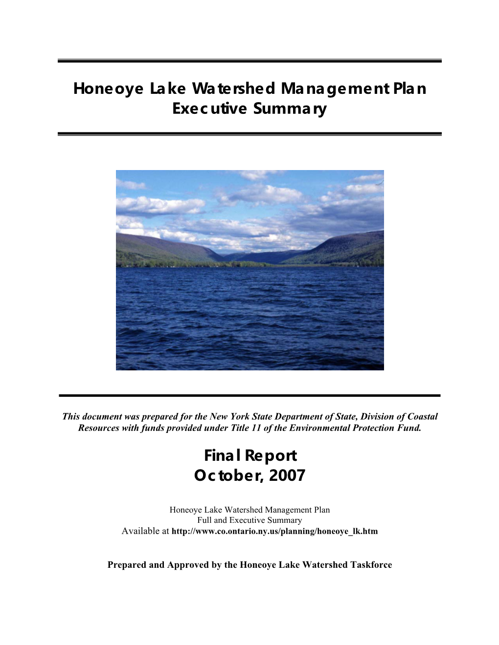 Honeoye Lake Watershed Management Plan Executive Summary