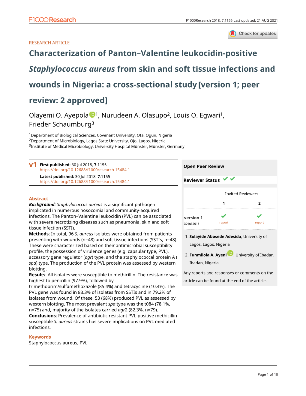 Characterization of Panton–Valentine Leukocidin-Positive Staphylococcus Aureus from Skin and Soft Tissue Infections and Wound