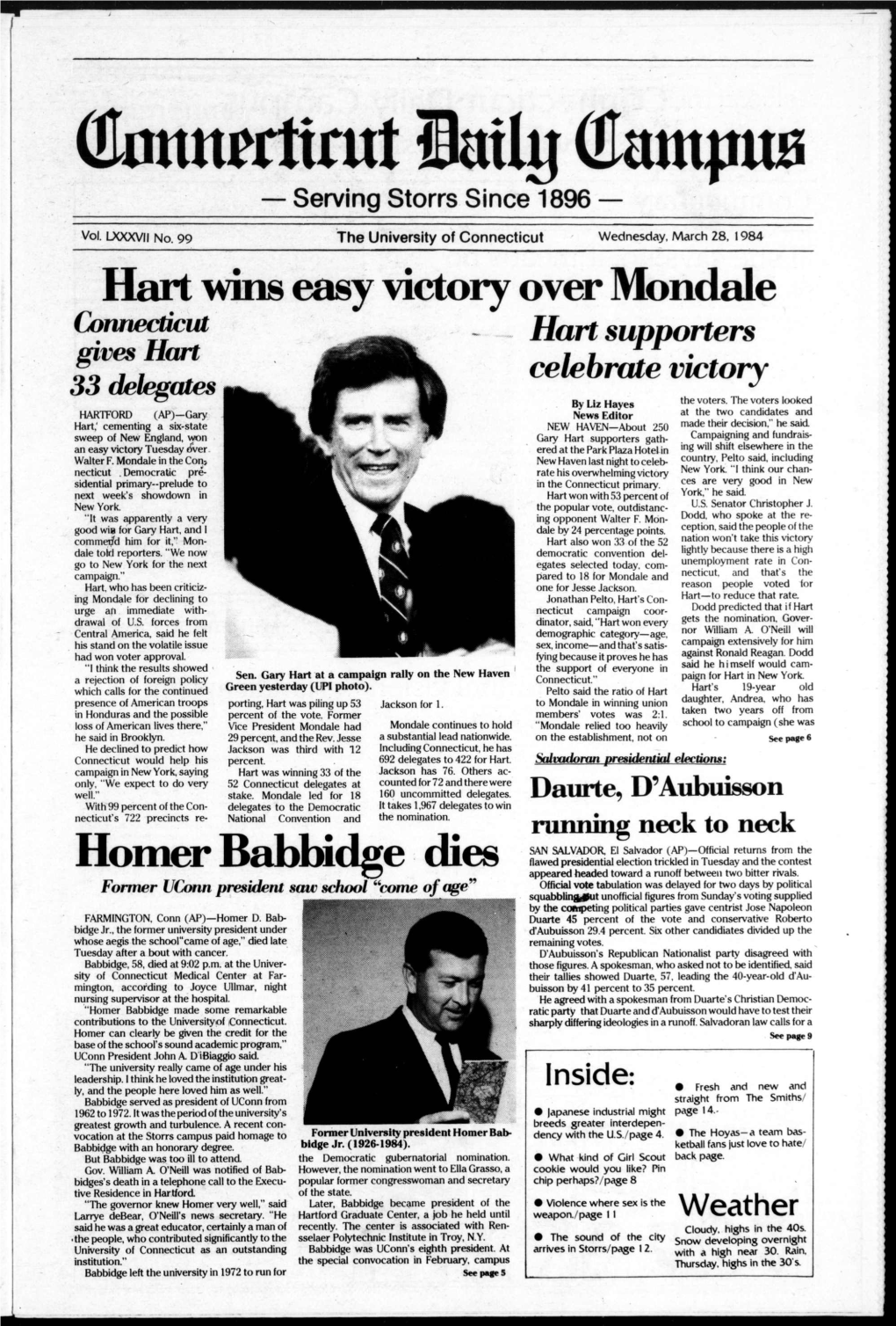 Hart Wins Easy Victory Over Mondale Homer Babbidge Dies