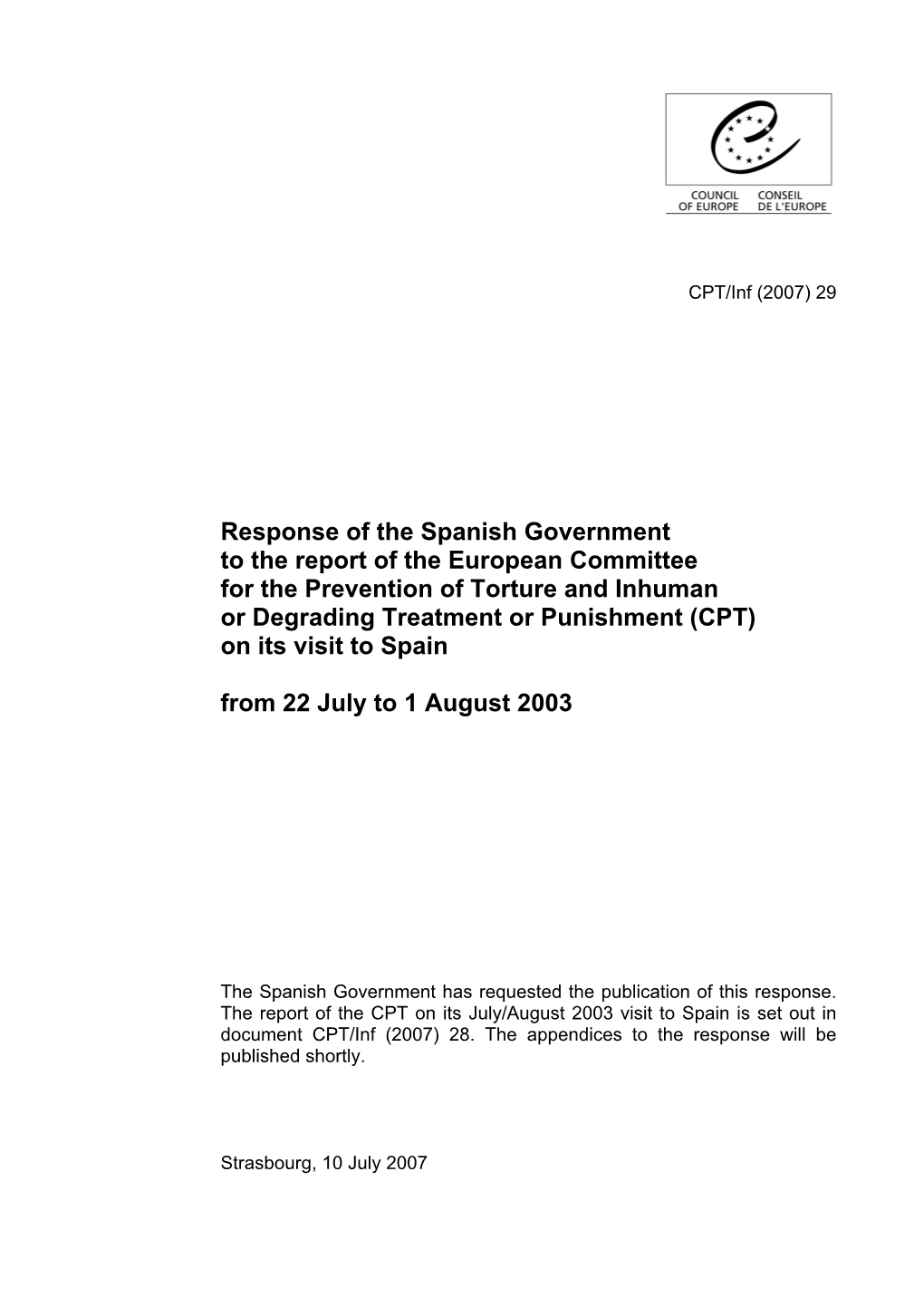 Response of the Spanish Government to the Report of the European Committee for the Prevention of Torture and Inhuman Or Degradin