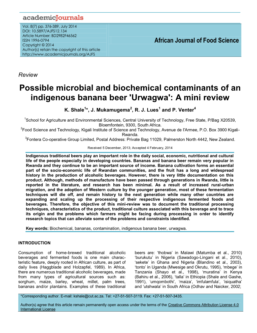 Possible Microbial and Biochemical Contaminants of an Indigenous Banana Beer 'Urwagwa': a Mini Review