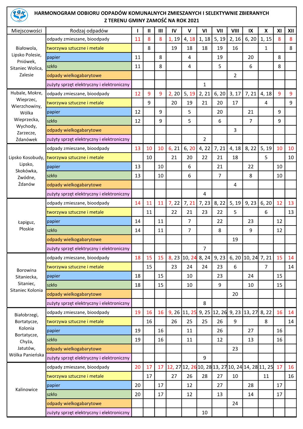 Harmonogram Odbioru Odpadów Komunalnych