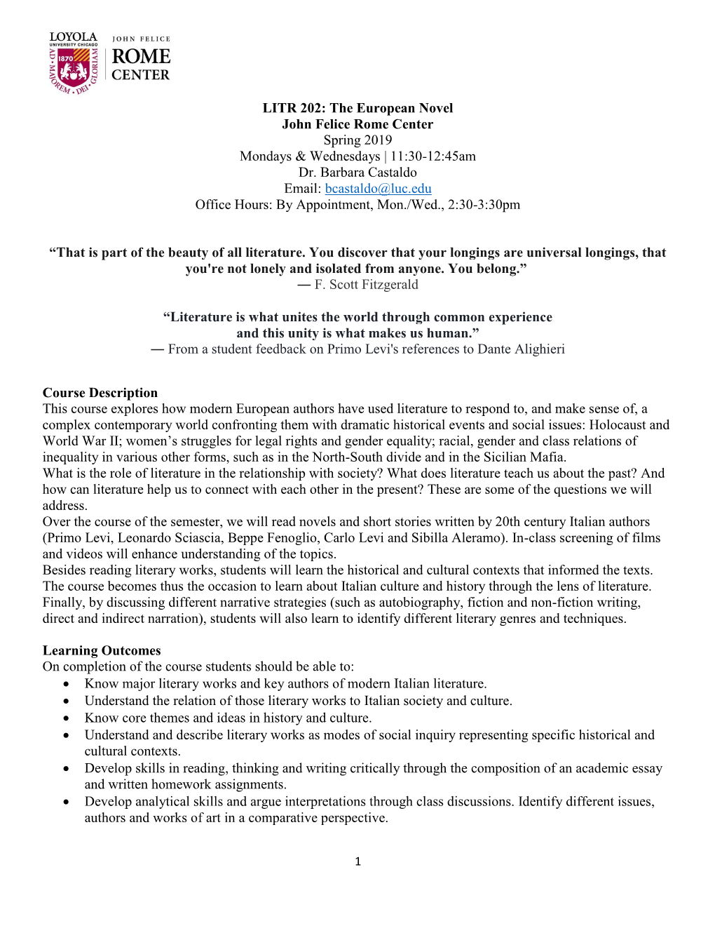 European Novel John Felice Rome Center Spring 2019 Mondays & Wednesdays | 11:30-12:45Am Dr