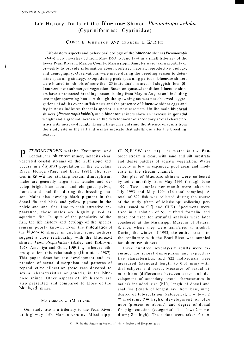 Life-History Traits of the Bluenose Shiner, Pteronotropis Welaka (Cypriniformes: Cyprinidae)