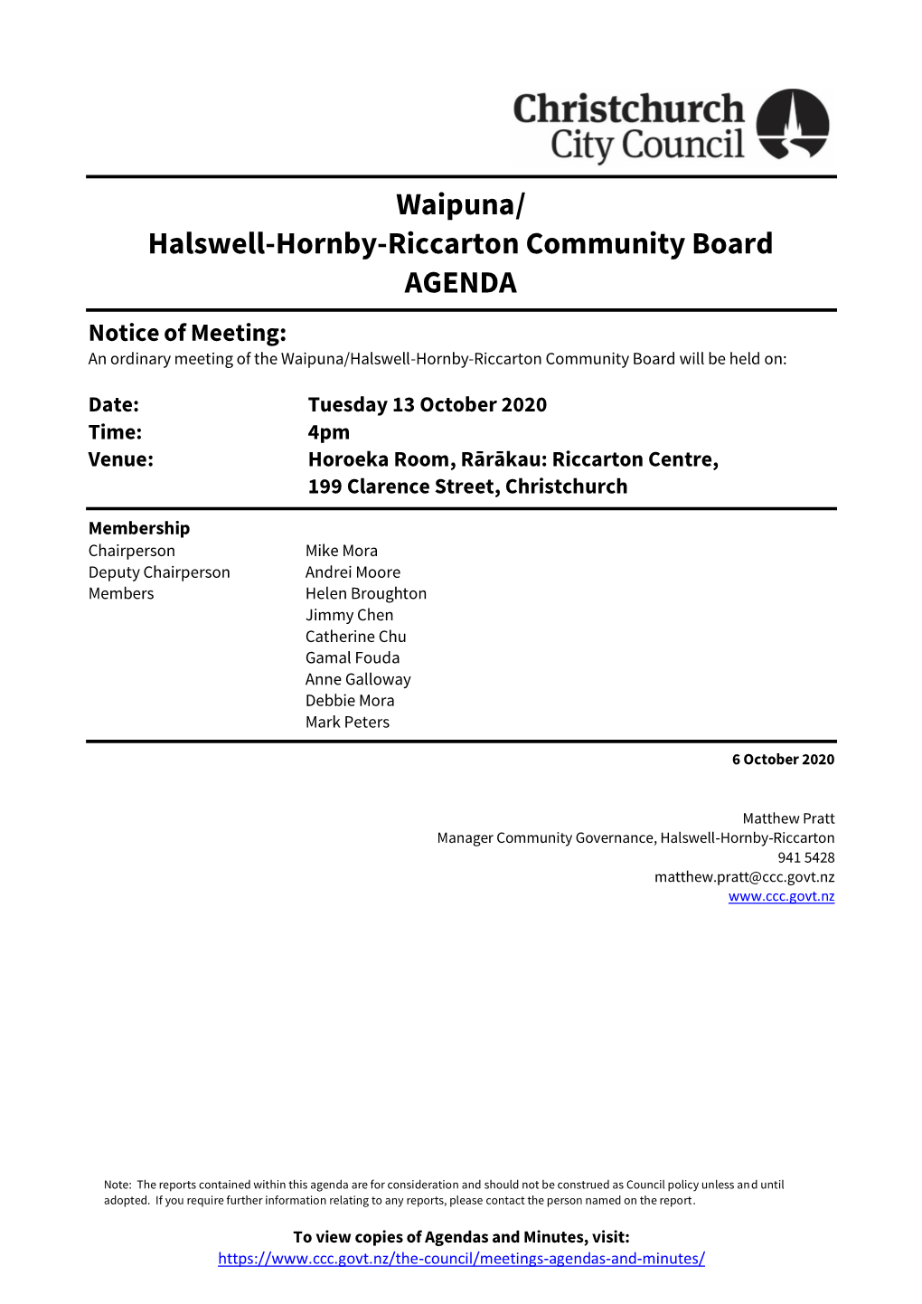 Agenda of Waipuna/Halswell-Hornby