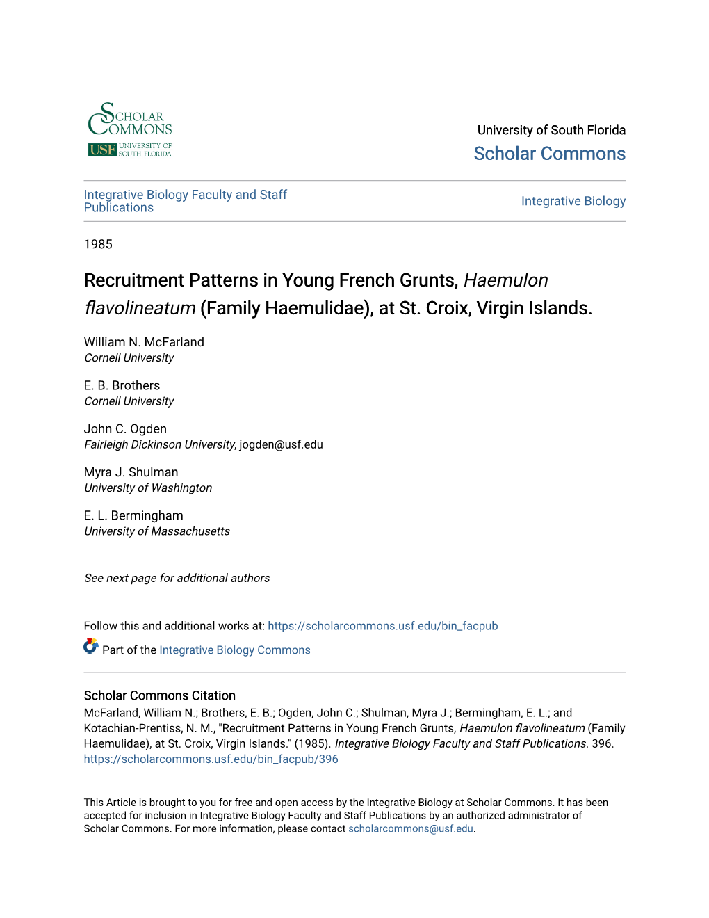 Recruitment Patterns in Young French Grunts, Haemulon Flavolineatum (Family Haemulidae), at St