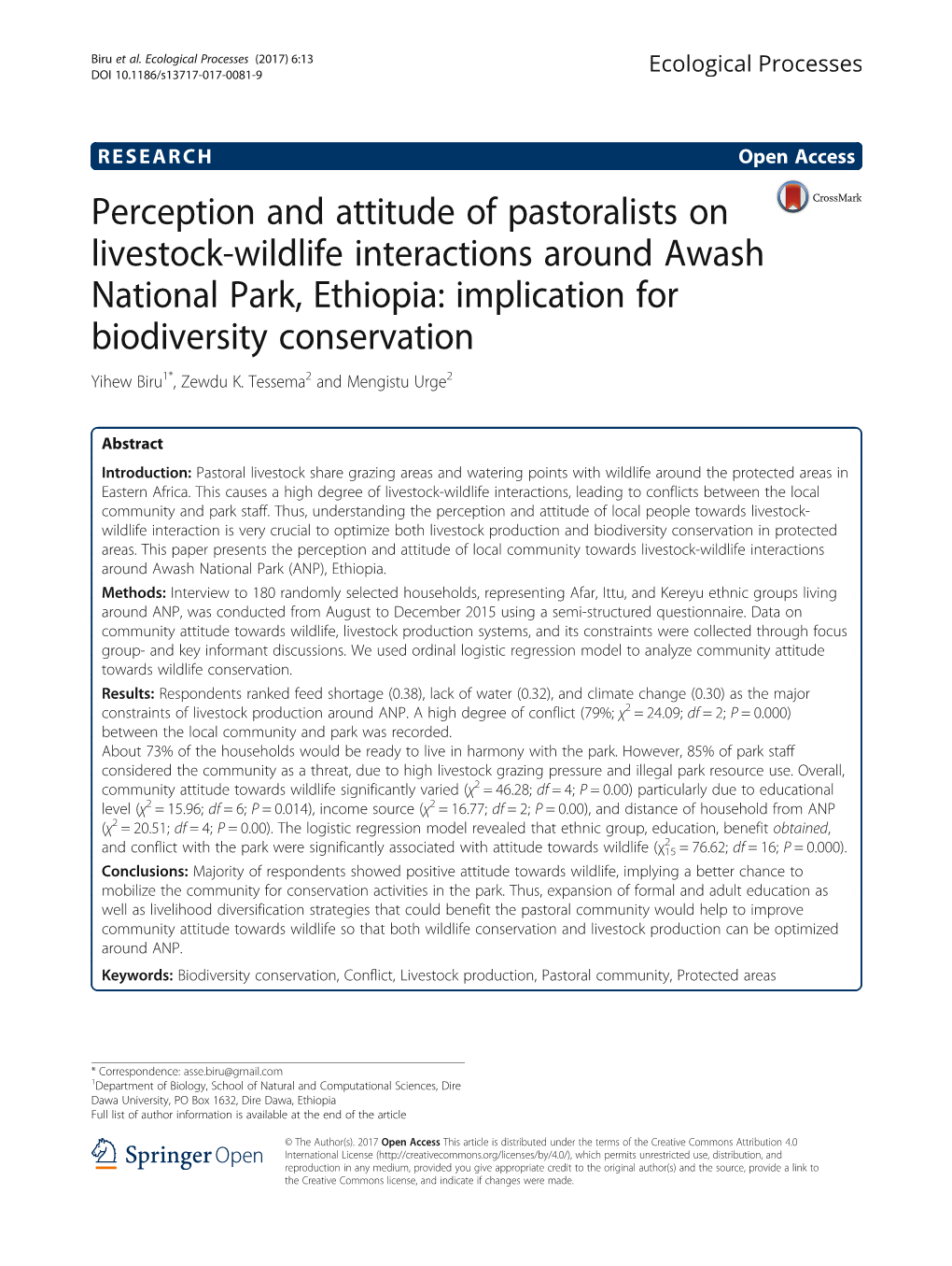 Perception and Attitude of Pastoralists on Livestock-Wildlife Interactions Around Awash National Park, Ethiopia