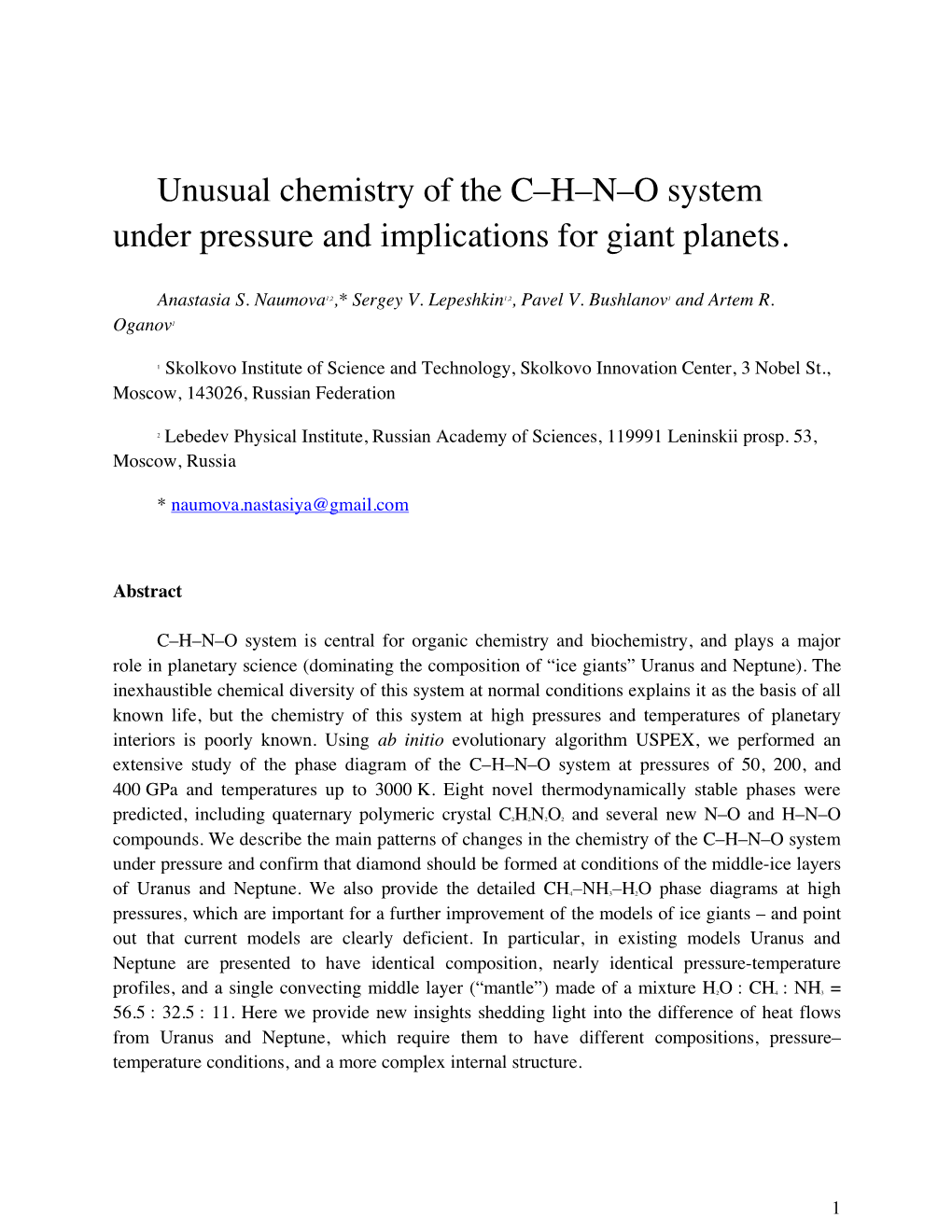 Unusual Chemistry of the C–H–N–O System Under Pressure and Implications for Giant Planets