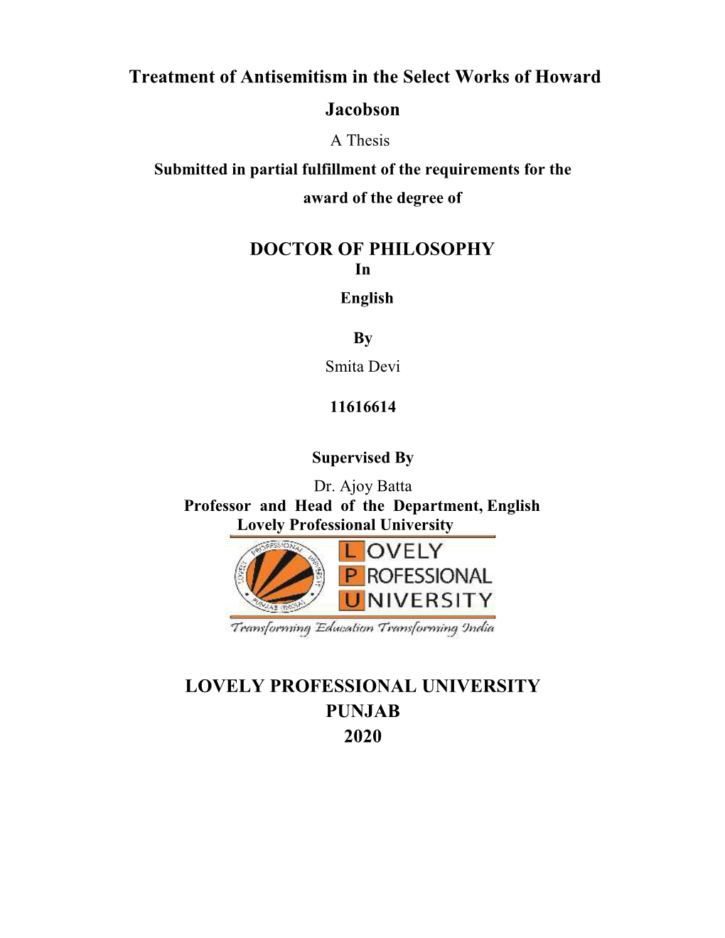 Treatment of Antisemitism in the Select Works of Howard Jacobson a Thesis Submitted in Partial Fulfillment of the Requirements for the Award of the Degree Of