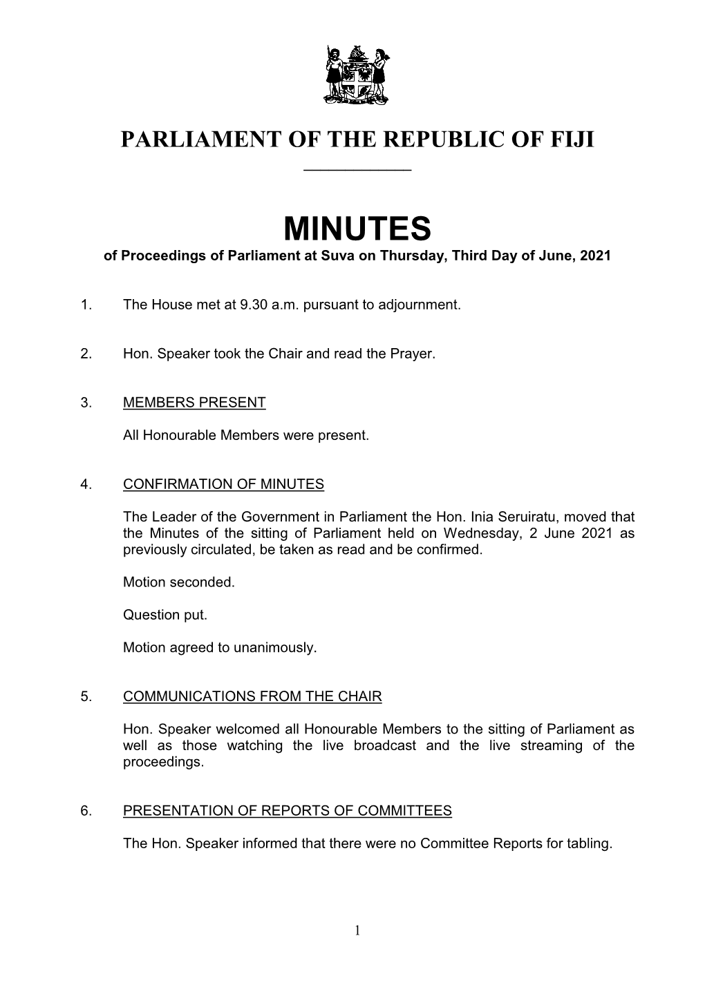 MINUTES of Proceedings of Parliament at Suva on Thursday, Third Day of June, 2021