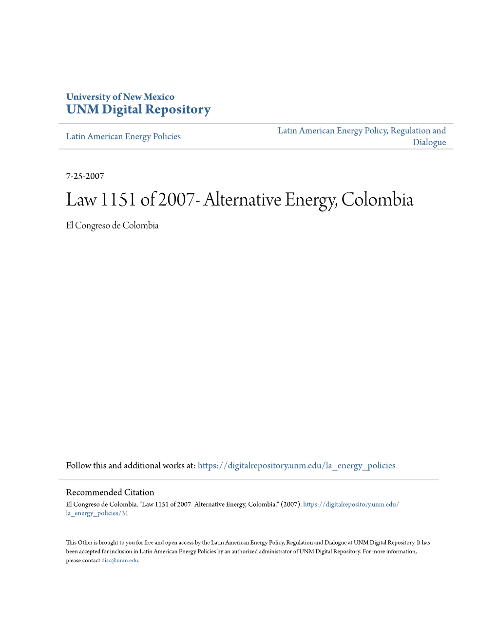 Alternative Energy, Colombia El Congreso De Colombia
