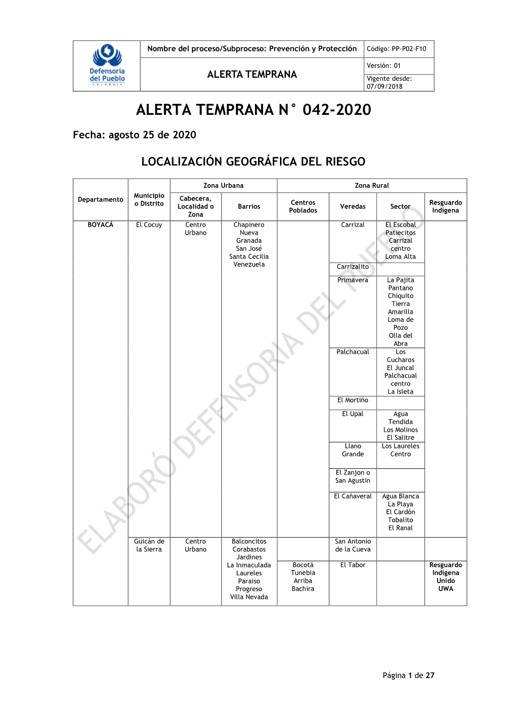 Alerta Temprana N° 042-2020