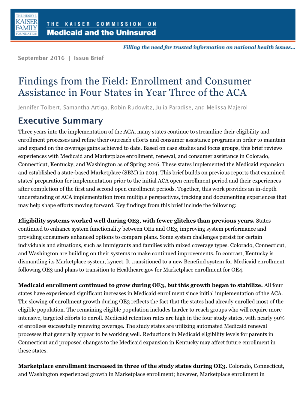 Enrollment and Consumer Assistance in Four States in Year Three of the ACA