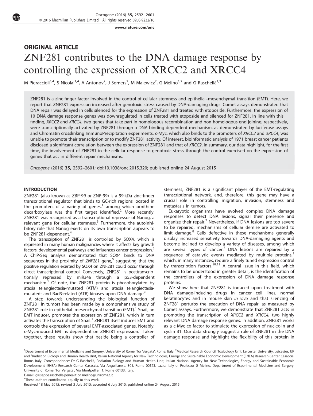 ZNF281 Contributes to the DNA Damage Response by Controlling the Expression of XRCC2 and XRCC4