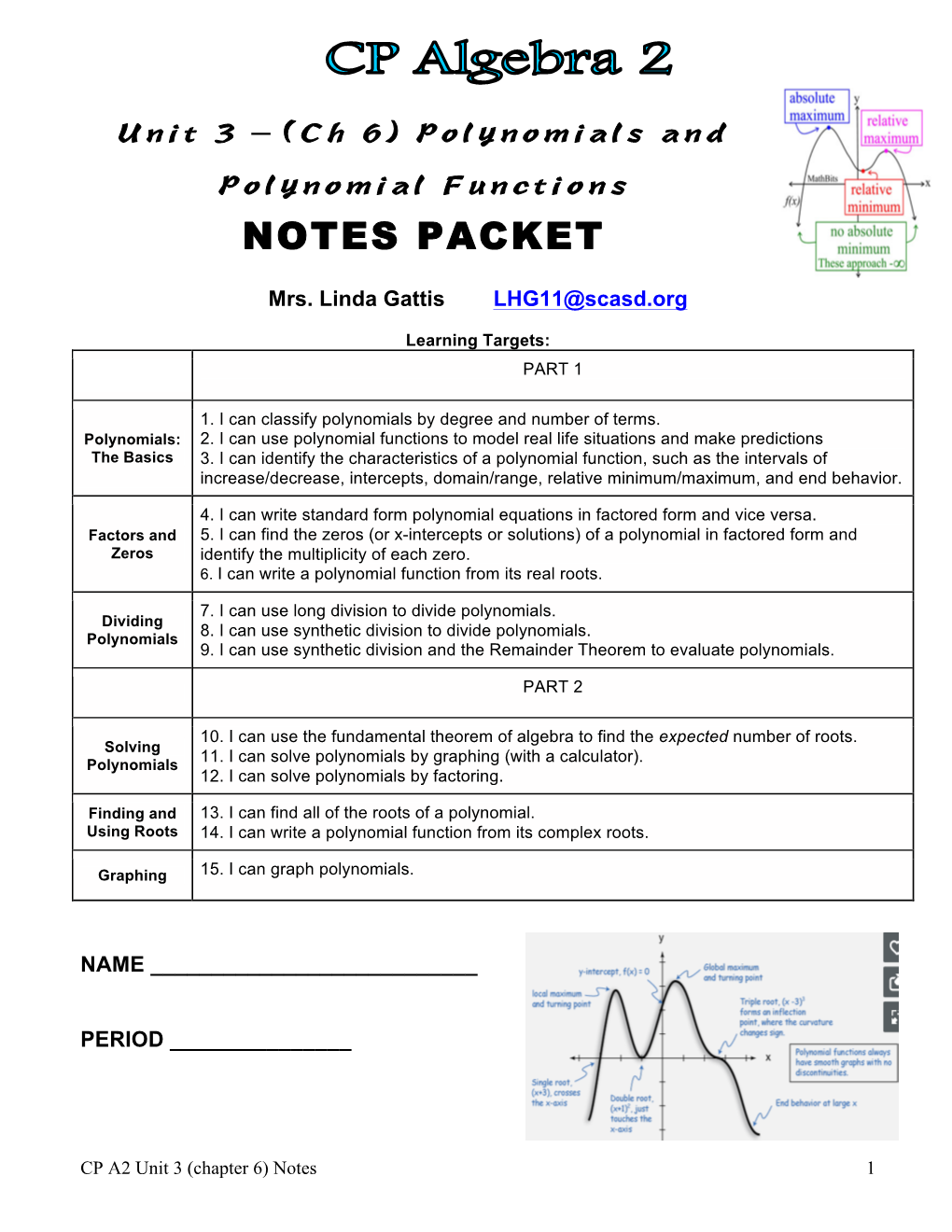 Unit 3 – (Ch 6) Polynomials and Polynomial Functions NOTES PACKET