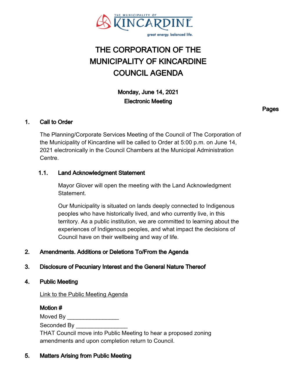 The Corporation of the Municipality of Kincardine Council Agenda