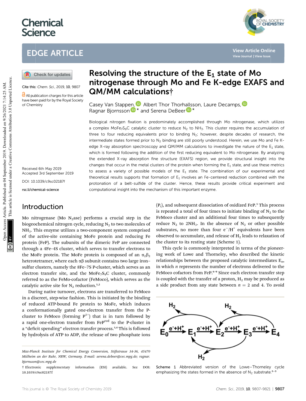 Resolving the Structure of the E1 State of Mo Nitrogenase Through Mo and Fe K-Edge EXAFS and Cite This: Chem