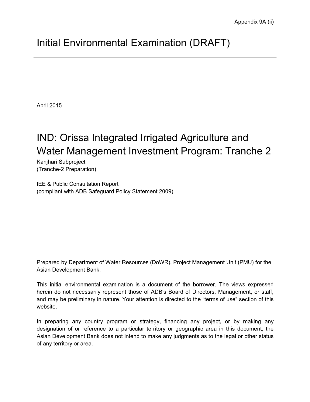 38411-043: Kanjhari Subproject Initial Environmental Examination