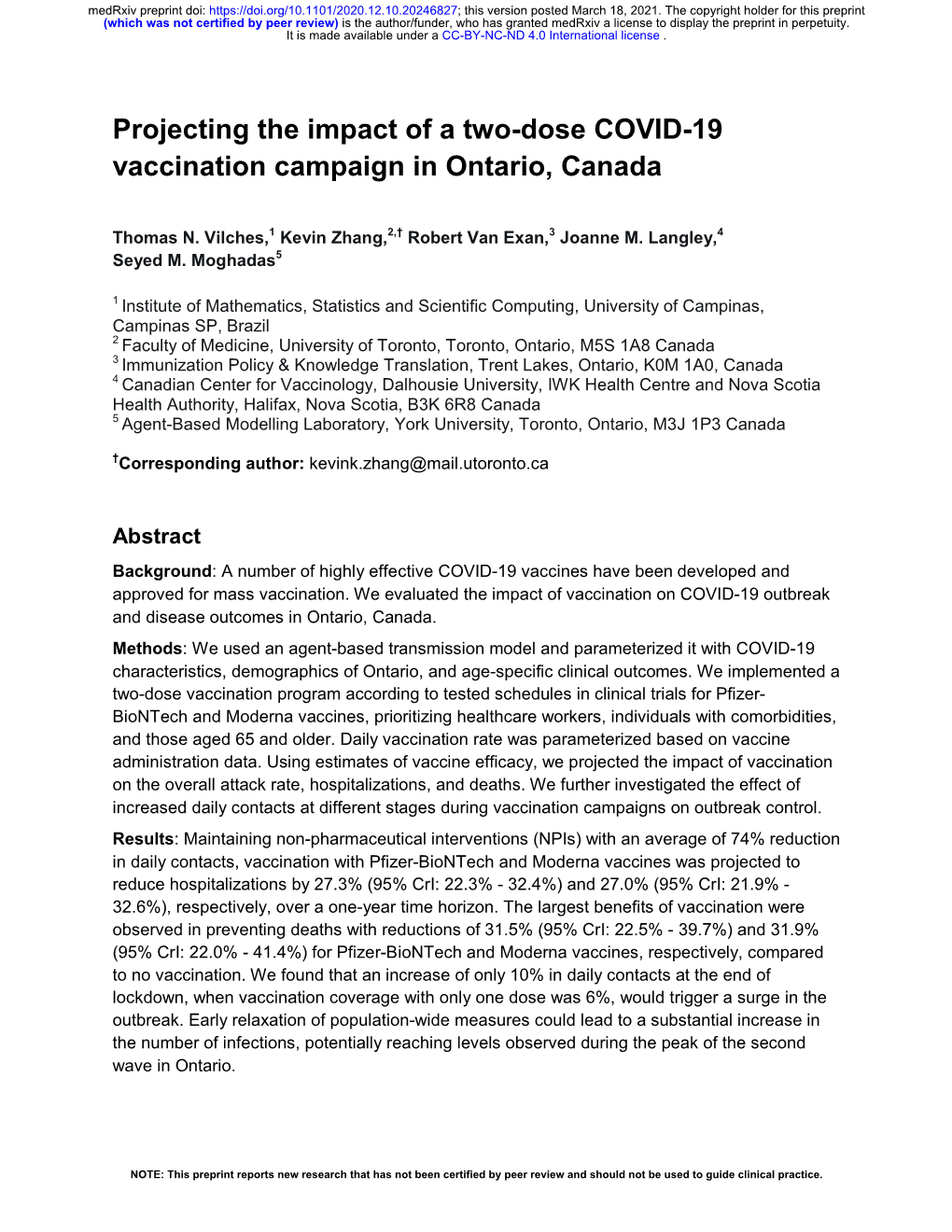 Projecting the Impact of a Two-Dose COVID-19 Vaccination Campaign in Ontario, Canada