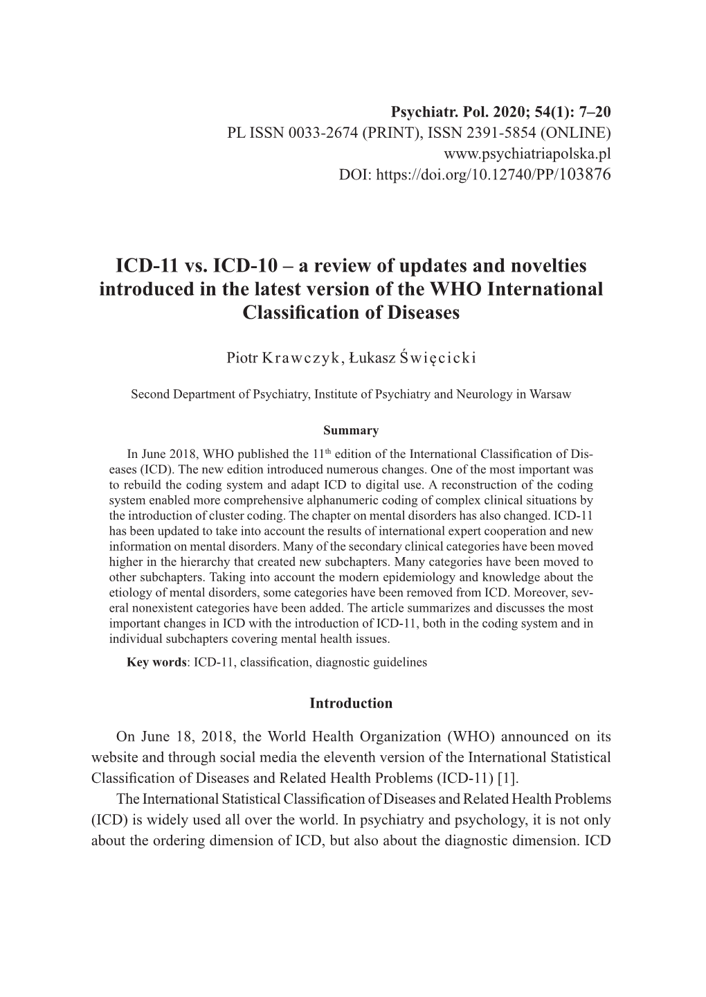 ICD-11 Vs. ICD-10 – a Review of Updates and Novelties Introduced in the Latest Version of the WHO International Classification of Diseases