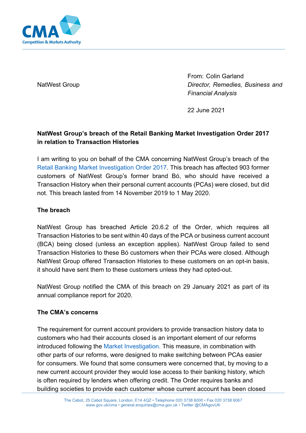 CMA Letter to Natwest on a Breach of the Retail Banking Order