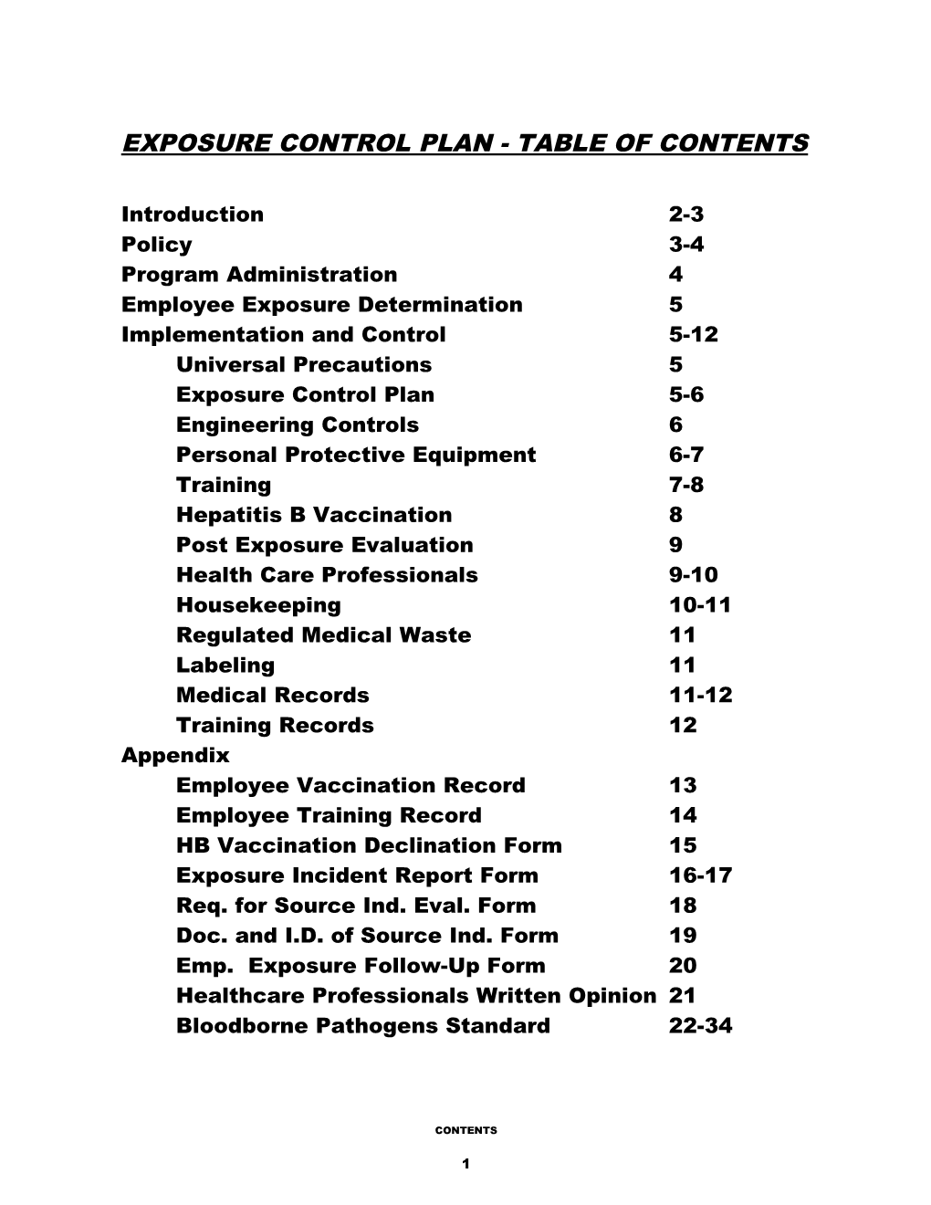 Exposure Control Plan - Table of Contents