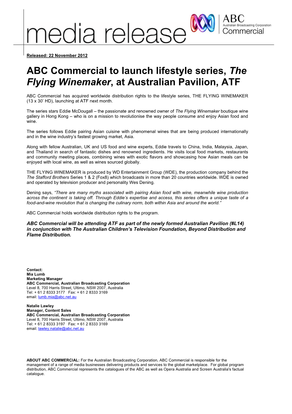 ABC Commercial to Launch Lifestyle Series, the Flying Winemaker, at Australian Pavilion, ATF