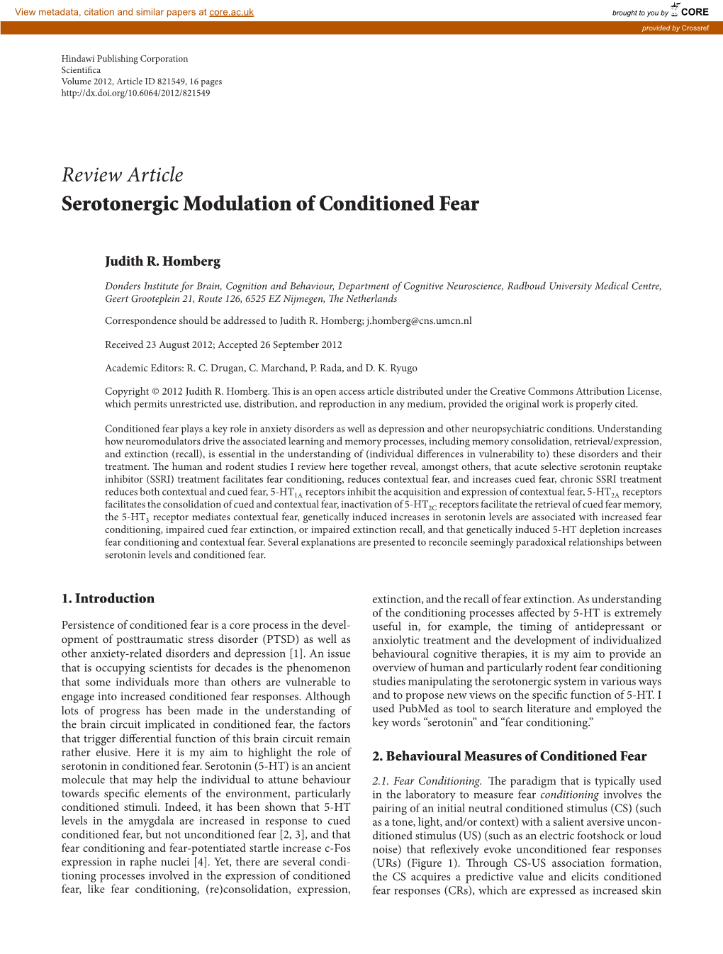 Review Article Serotonergic Modulation of Conditioned Fear